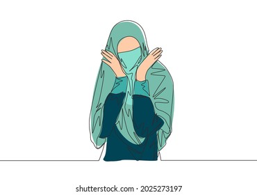 Un dibujo de una sola línea de jóvenes atractivos de belleza musulmana del medio oriente usando burka. Hermosa mujer árabe tradicional niqab concepto traza de línea continua diseño vector ilustración