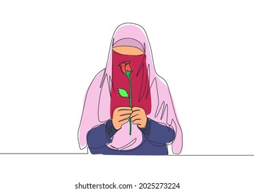 One single line drawing of young attractive Asian muslimah wearing burqa and holding rose flower. Traditional beauty Arabian woman niqab cloth concept continuous line draw design vector illustration