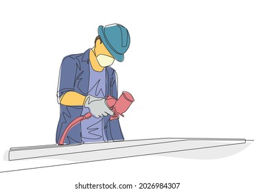 One Single Line Drawing Of Young Attractive Handyman Painting Wooden Board Using Paint Sprayer. Home Renovation Service Concept Continuous Line Draw Design Illustration