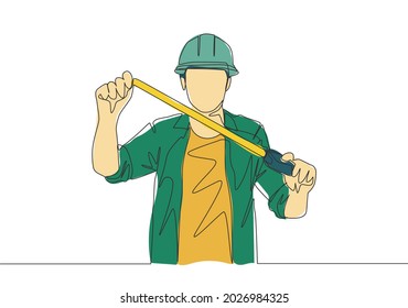 One single line drawing of young attractive handyman holding measurement tape. Building construction service concept Continuous line draw design illustration