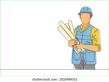 One single line drawing of young handsome architect holding sketch blueprint roll papers. Building construction service concept continuous line draw design illustration