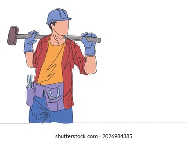 One single line drawing of young construction builder wearing uniform, tools belt and helmet while holding hammer. Craftsman home repair service concept. Continuous line draw design illustration
