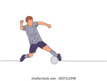 One single line drawing of young football player with short sleeve shirt training to control the ball. Soccer match sports concept. Continuous line draw design vector illustration