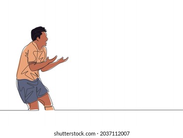 Una sola línea de un joven futbolista furioso protestando y argumentando la decisión del árbitro de darle una tarjeta. El concepto de deporte de partidos de fútbol. Ilustración vectorial de dibujo de línea continua
