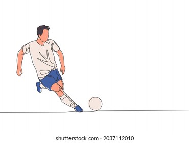 One single line drawing of young energetic football player dribbling the ball and ready to shot to the goal. Soccer match sports concept. Continuous line draw design vector illustration