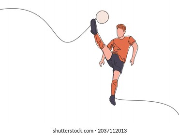 One Single Line Drawing Of Young Happy Football Player With Short Sleeve Jersey Kicking The Ball While He's Jumping. Soccer Match Sports Concept. Continuous Line Draw Design Vector Illustration