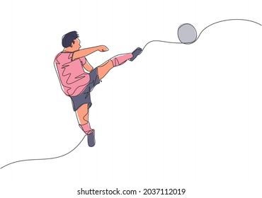 One single line drawing of young happy football player practice kicking the ball while jumping at the field stadium. Soccer match sports concept. Continuous line draw design vector illustration