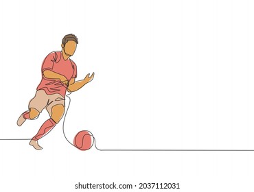 One single line drawing of young energetic football midfielder dribbling the ball at the game. Soccer match sports concept. Continuous line draw design vector illustration