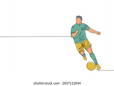 Un dibujo de una sola línea de un joven y talentoso mediocampista de fútbol arrastrando una pelota al área de los oponentes. El concepto de deporte de partidos de fútbol. Ilustración vectorial de dibujo de línea continua