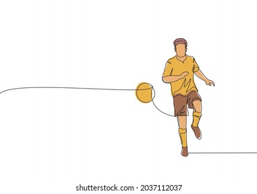 One single line drawing of young happy football player with short sleeve calmly controlling the ball passed to him. Soccer match sports concept. Continuous line draw design vector illustration