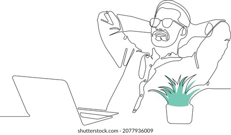 Un dibujo de una sola línea joven y tranquilo hombre de milenio en gafas se sienta relajado en casa oficina lugar de trabajo Vector ilustración