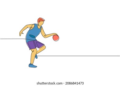 One single line drawing of young energetic basketball player train at court graphic vector illustration. Sports competition concept. Modern continuous line draw design for basketball tournament poster