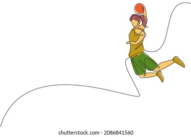 One single line drawing young energetic basketball female player slam dunk vector graphic illustration. Sports competition concept. Modern continuous line draw design for basketball tournament poster