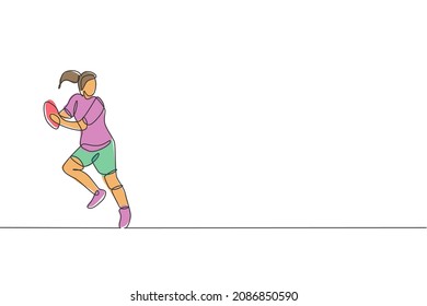 One single line drawing of young energetic rugby player holding the ball and avoid opponent vector illustration. Healthy sport concept. Modern continuous line draw design for rugby tournament poster