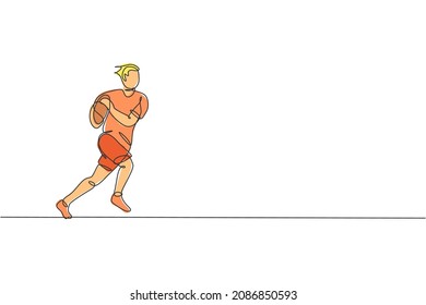 One single line drawing of young energetic rugby player running and holding the ball vector graphic illustration. Healthy sport concept. Modern continuous line draw design for rugby tournament banner
