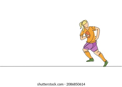 One single line drawing of young energetic rugby player running and holding the ball vector illustration. Healthy sport concept. Modern continuous line draw design for basketball tournament poster
