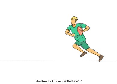 One single line drawing of young energetic male rugby player running and holding the ball vector illustration. Healthy sport concept. Modern continuous line draw design for rugby tournament banner