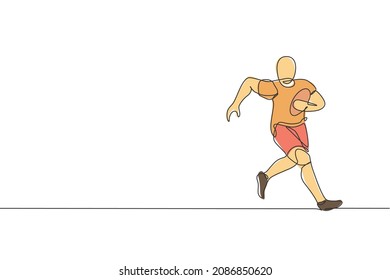One single line drawing of young energetic man rugby player running to avoid rival chase vector illustration. Healthy sport concept. Modern continuous line draw design for rugby tournament banner