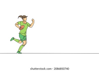 Un dibujo de una sola línea de un joven jugador de rugby energético corriendo y sosteniendo la ilustración del vector de la bola. Concepto deportivo saludable. Diseño de traza continua moderna para el afiche del torneo de baloncesto
