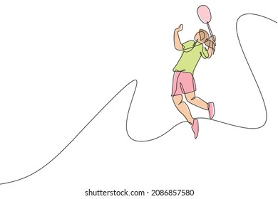 One single line drawing of young energetic badminton player jumping and smash shuttlecock vector illustration. Healthy sport concept. Modern continuous line draw design for badminton tournament poster
