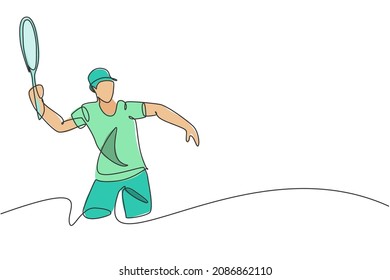 One single line drawing of young energetic male tennis player hit the ball from opponent vector illustration. Sport training concept. Modern continuous line draw design for tennis tournament banner