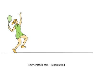 Un dibujo de una joven y energética jugadora de tenis golpeó la ilustración del vector de la bola. Concepto de entrenamiento deportivo. Diseño moderno de traza continua de líneas para pancartas y afiches de torneos de tenis