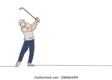 One single line drawing of young sporty golf player hit the ball using golf club vector graphic illustration. Healthy sport concept. Modern continuous line draw design for golf tournament poster