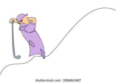One single line drawing of young sporty golf player hit the ball using golf club vector graphic illustration. Healthy sport concept. Modern continuous line draw design for golf tournament poster
