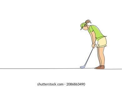 One single line drawing of young sporty golf player hit the ball using golf club graphic vector illustration. Healthy sport concept. Modern continuous line draw design for golf tournament poster