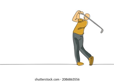 One single line drawing of young sporty golf player hit the ball using golf club vector illustration graphic. Healthy sport concept. Modern continuous line draw design for golf tournament poster