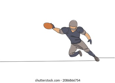 One single line drawing of young energetic american football player jump and catch ball for national league promotion. Sport competition concept. Modern continuous line draw design vector illustration
