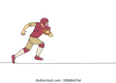 One single line drawing of young energetic american football player running while hold the ball for league promotion. Sport competition concept. Modern continuous line draw design vector illustration