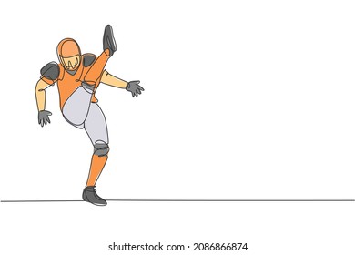 One single line drawing of young energetic american football player kicking the ball for national league promotion. Sport competition concept. Modern continuous line draw design vector illustration