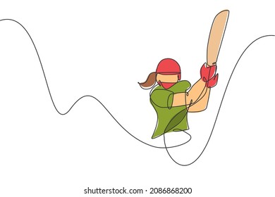 One single line drawing of young energetic woman cricket player hit the ball at cricket tournament vector illustration. Sport concept. Modern continuous line draw design for cricket competition banner
