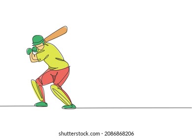 One single line drawing of young energetic man cricket player stance standing to practice hit ball vector illustration. Sport concept. Modern continuous line draw design for cricket competition banner