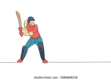 One single line drawing of young energetic woman cricket player stance standing to receive a ball vector illustration. Sport concept. Modern continuous line draw design for cricket competition banner