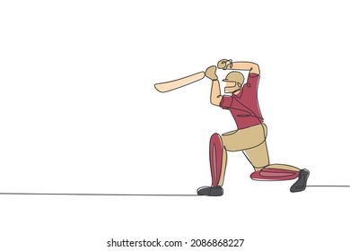 One single line drawing of young energetic man cricket player focus to receive ball from pitcher vector illustration. Sport concept. Modern continuous line draw design for cricket competition banner