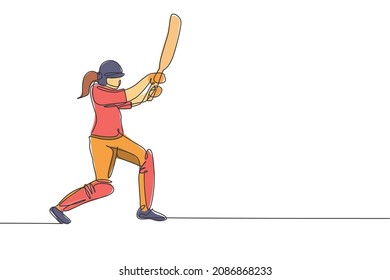 One single line drawing of young energetic woman cricket player standing and hit the ball so hard vector illustration. Sport concept. Modern continuous line draw design for cricket competition banner