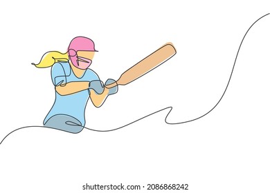 One single line drawing of young energetic woman cricket player successfully hit the ball home run vector illustration. Sport concept. Modern continuous line draw design for cricket competition banner