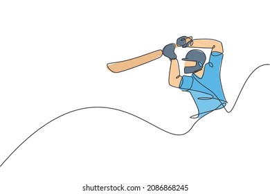 One single line drawing young energetic man cricket player hit the ball homerun at stadium graphic vector illustration. Sport concept. Modern continuous line draw design for cricket competition banner