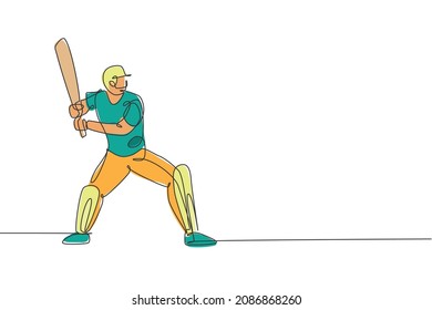 One single line drawing young energetic man cricket player stance standing to hit the ball vector illustration graphic. Sport concept. Modern continuous line draw design for cricket competition banner