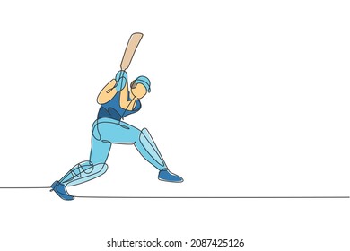 One single line drawing young energetic man cricket player hit the ball to make home run graphic vector illustration. Sport concept. Modern continuous line draw design for cricket competition banner
