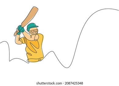 Un dibujo de una sola línea de un hombre joven y enérgico que juega al cricket practica para golpear la pelota precisamente la ilustración del vector. Concepto deportivo. Diseño moderno de traza continua de líneas para banner de la competición de críquet