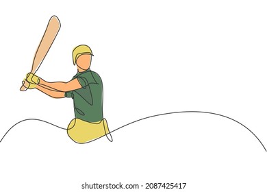 Un dibujo de una sola línea de un joven enérgico jugador de cricket en el estadio para golpear la ilustración del vector de la bola. Concepto deportivo. Diseño moderno de traza continua de líneas para banner de la competición de críquet