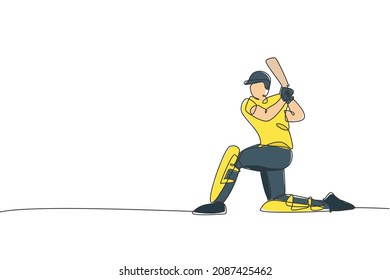 One Single Line Drawing Of Young Energetic Man Cricket Player Stand With Knee On The Ground Vector Illustration. Sport Fair Concept. Modern Continuous Line Draw Design For Cricket Competition Banner