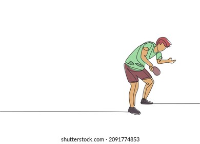 One single line drawing of young energetic man table tennis player train to ball serve vector illustration. Sport training concept. Modern continuous line draw design for ping pong tournament banner