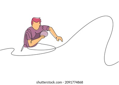 One single line drawing of young energetic man table tennis player ready to hit the ball vector illustration. Sport training concept. Modern continuous line draw design for ping pong tournament banner