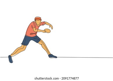 One single line drawing young energetic man table tennis player pose defensively vector graphic illustration. Sport training concept. Modern continuous line draw design for ping pong tournament banner