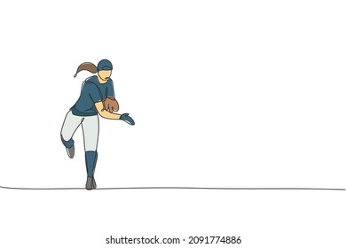 Eine einzige Linie Zeichnung von jungen energiereichen Mann Baseball-Spieler Praxis, um die Ball Vektorgrafik werfen. Sportschulungskonzept. Modernes Design für die Endlosreihenzeichnung für Baseballturnier-Banner