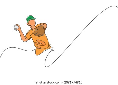 One single line drawing young energetic man baseball player throw the speed ball graphic vector illustration. Sport training concept. Modern continuous line draw design for baseball tournament banner